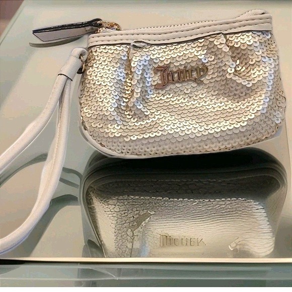 Juicy Couture Handbags - Juicy Couture‎ Y2K Sequin Wristlet Bag Off White Logo Glam Mini Purse Bling